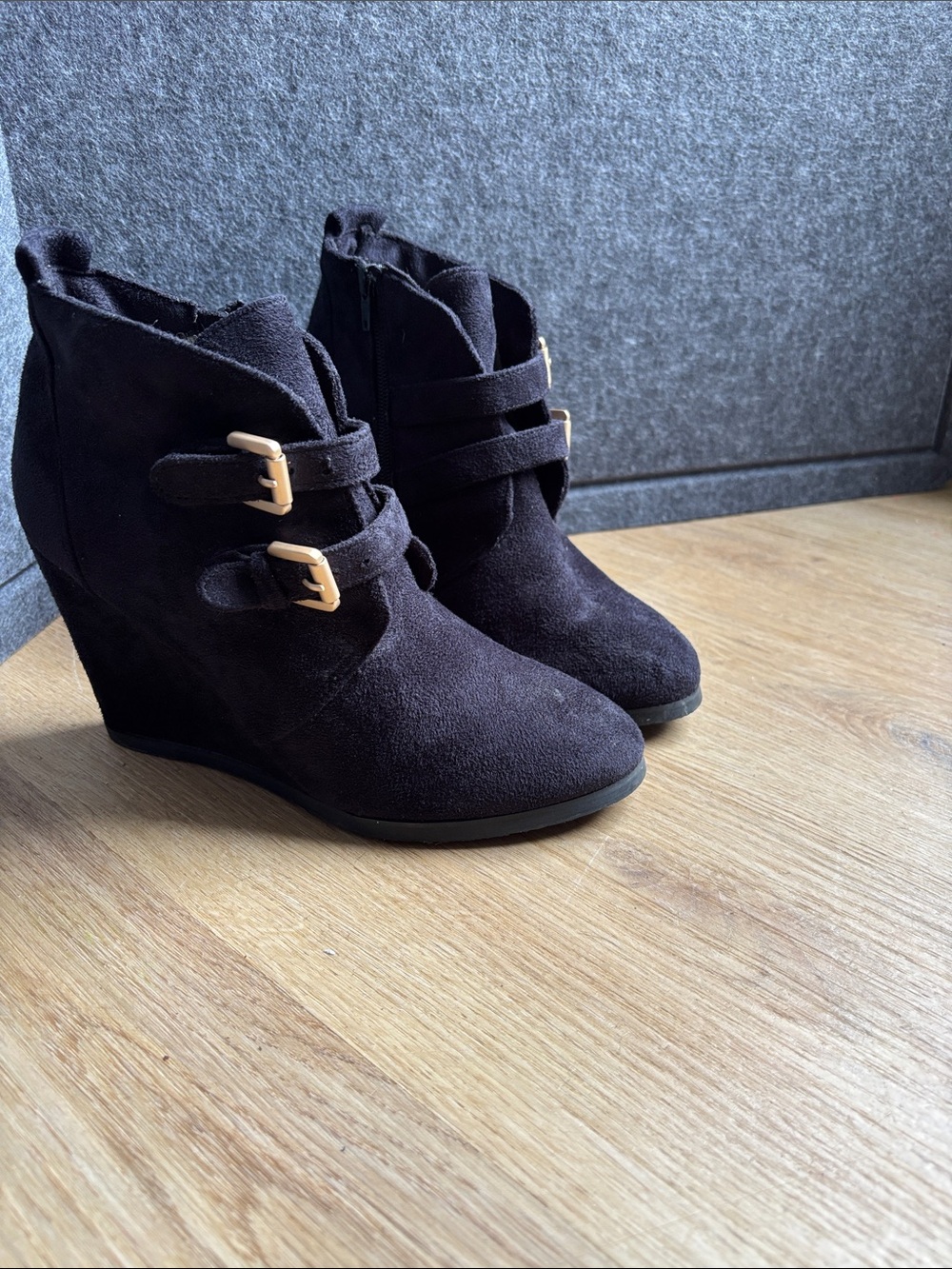 Restoration Hardware Black Suede Wedge Ankle Boots with Gold Buckles